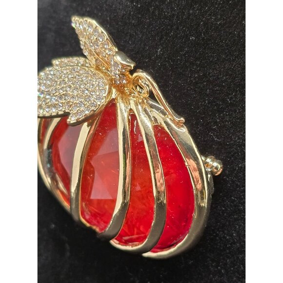 Napier Lucite Pumpkin Brooch Rhinestone Leaves & Stem Crystal Pin - Picture 5 of 7